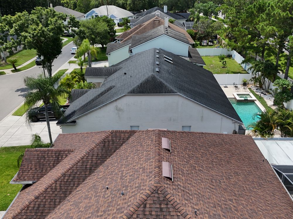 Aerial view of a completed AlphaCore roof replacement on a Central Florida home